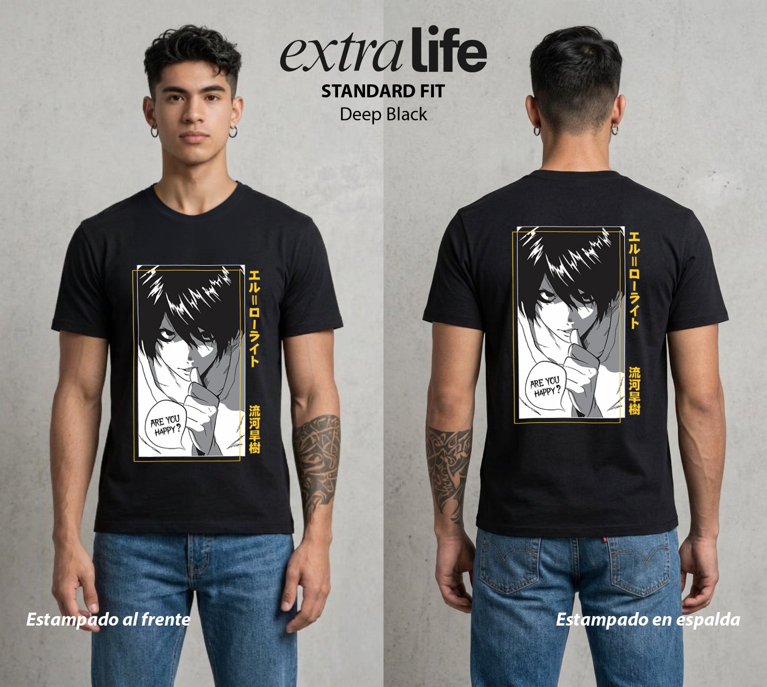 El Cuaderno del Juicio | Death Note L #00933 - Playera Standard Fit | Deep Black - Foto en modelo
