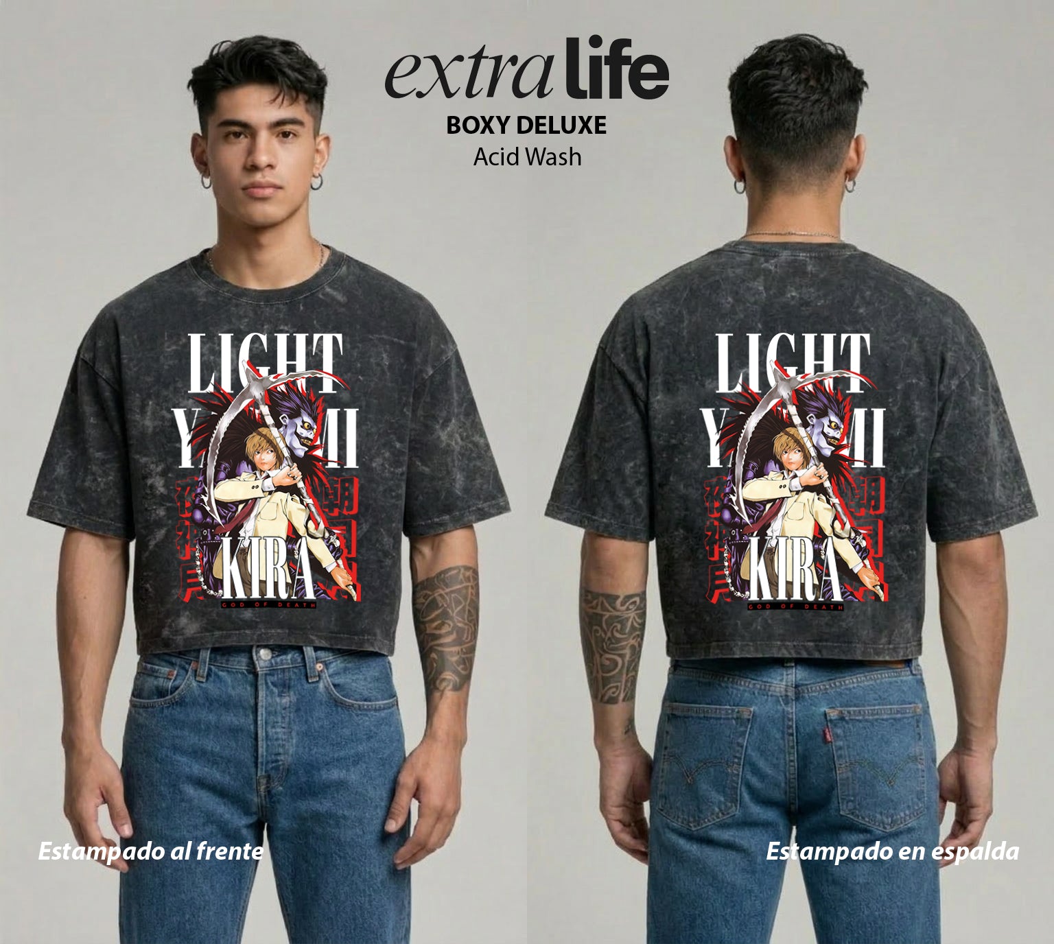 Playera streetwear premium de anime y gaming ExtraLife MX, corte boxy deluxe mineral wash heavyweight en color Acid Wash, moda urbana mexicana de culto.