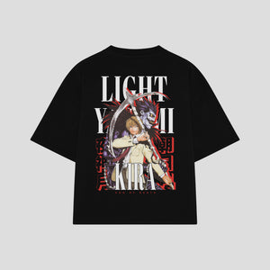 Playera streetwear premium de anime y gaming ExtraLife MX, corte boxy oversized drop shoulder heavyweight en color Deep Black y Off-White, moda urbana mexicana de culto.