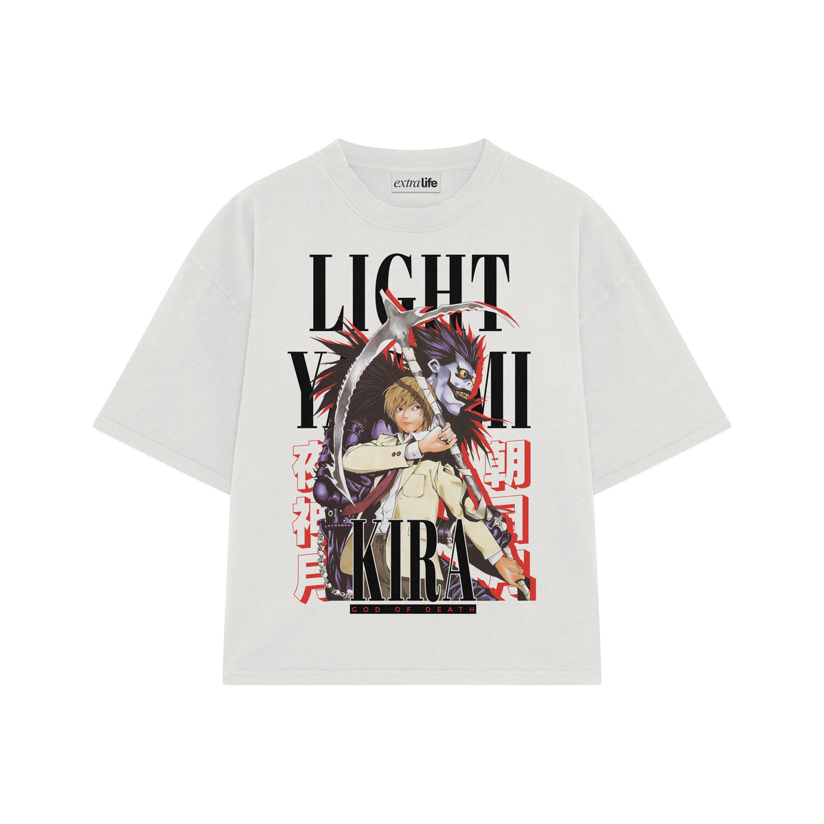 Playera streetwear premium de anime y gaming ExtraLife MX, corte oversized drop shoulder ligero y fresco en color Deep Black y Off-White, moda urbana mexicana de culto.