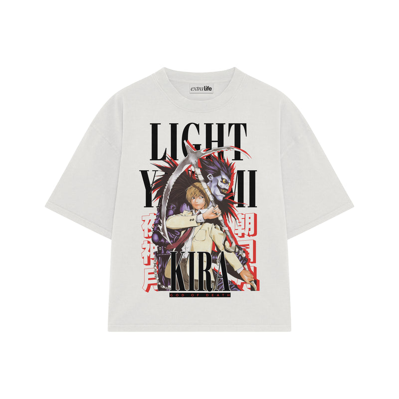Playera streetwear premium de anime y gaming ExtraLife MX, corte boxy oversized drop shoulder heavyweight en color Deep Black y Off-White, moda urbana mexicana de culto.