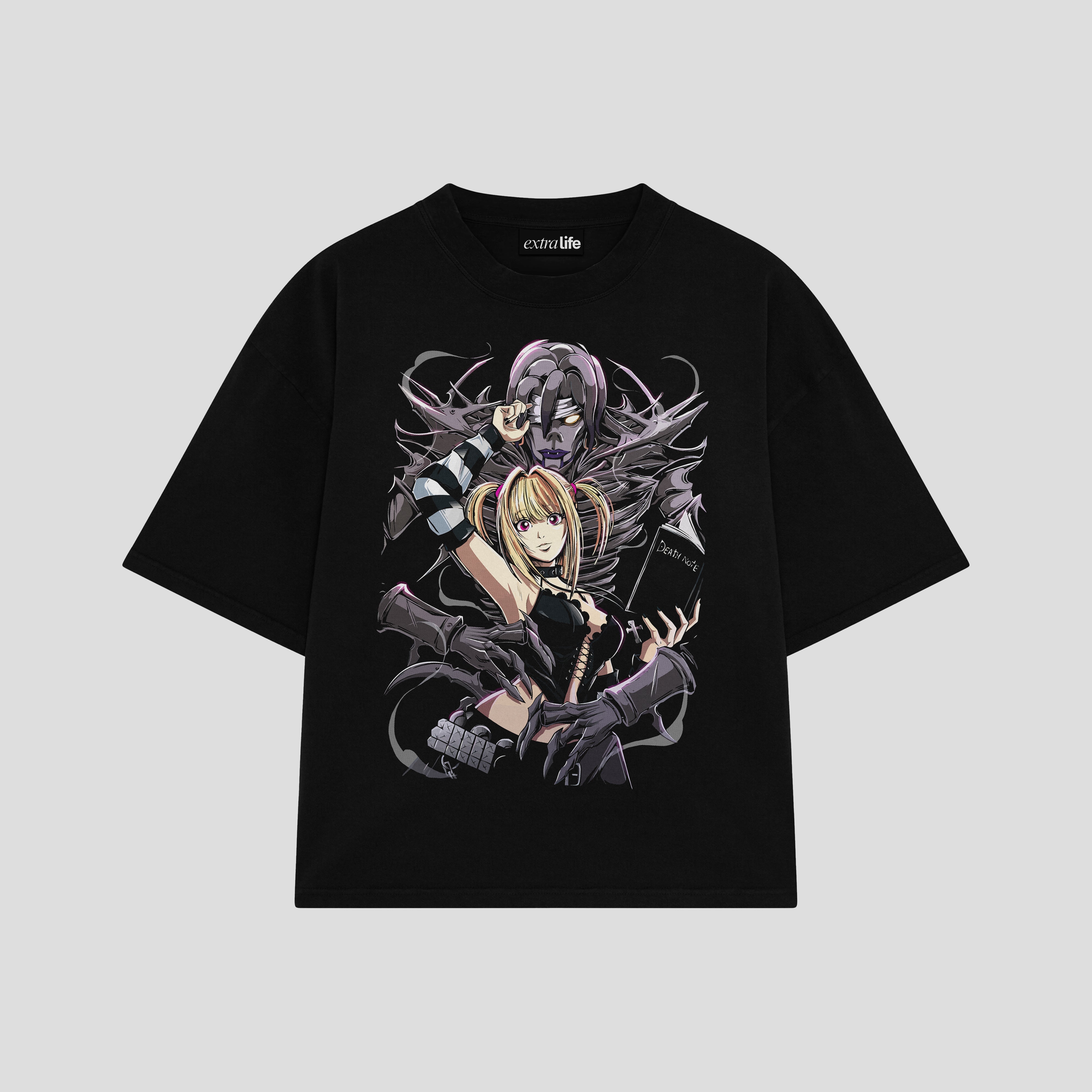 Playera streetwear premium de anime y gaming ExtraLife MX, corte boxy oversized drop shoulder heavyweight en color Deep Black y Off-White, moda urbana mexicana de culto.