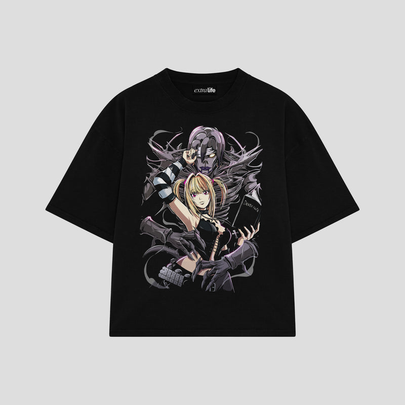 Playera streetwear premium de anime y gaming ExtraLife MX, corte boxy oversized drop shoulder heavyweight en color Deep Black y Off-White, moda urbana mexicana de culto.