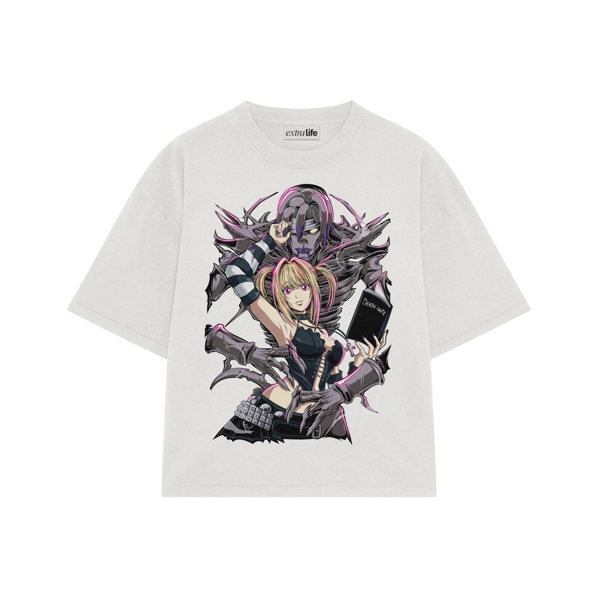 Playera streetwear premium de anime y gaming ExtraLife MX, corte oversized drop shoulder ligero y fresco en color Deep Black y Off-White, moda urbana mexicana de culto.