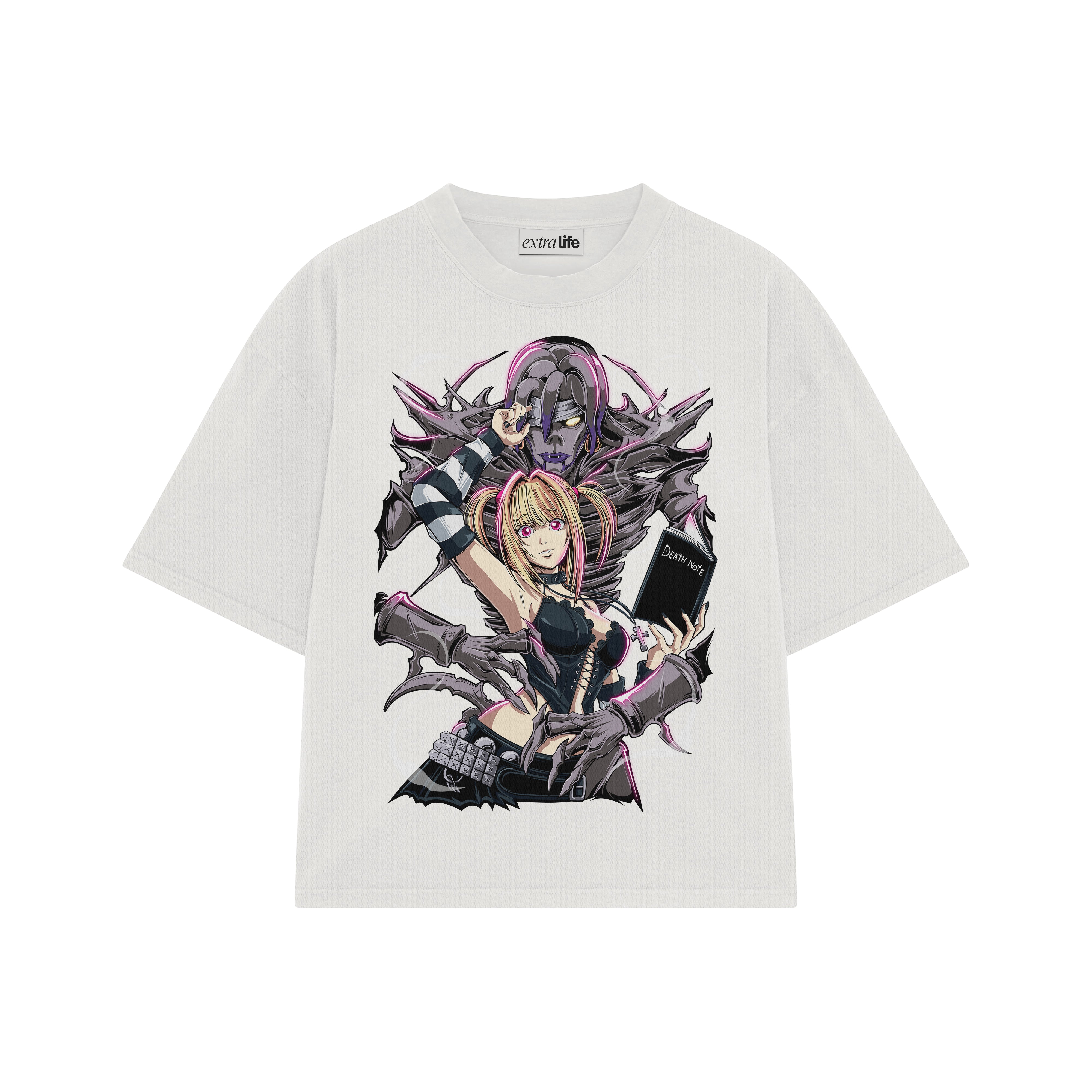 Playera streetwear premium de anime y gaming ExtraLife MX, corte boxy oversized drop shoulder heavyweight en color Deep Black y Off-White, moda urbana mexicana de culto.