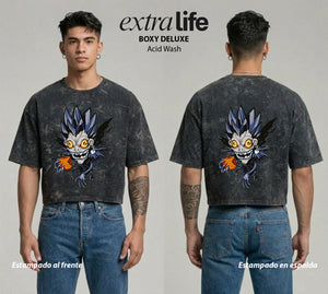 Playera streetwear premium de anime y gaming ExtraLife MX, corte boxy deluxe mineral wash heavyweight en color Acid Wash, moda urbana mexicana de culto.