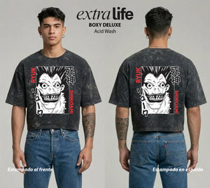 Playera streetwear premium de anime y gaming ExtraLife MX, corte boxy deluxe mineral wash heavyweight en color Acid Wash, moda urbana mexicana de culto.