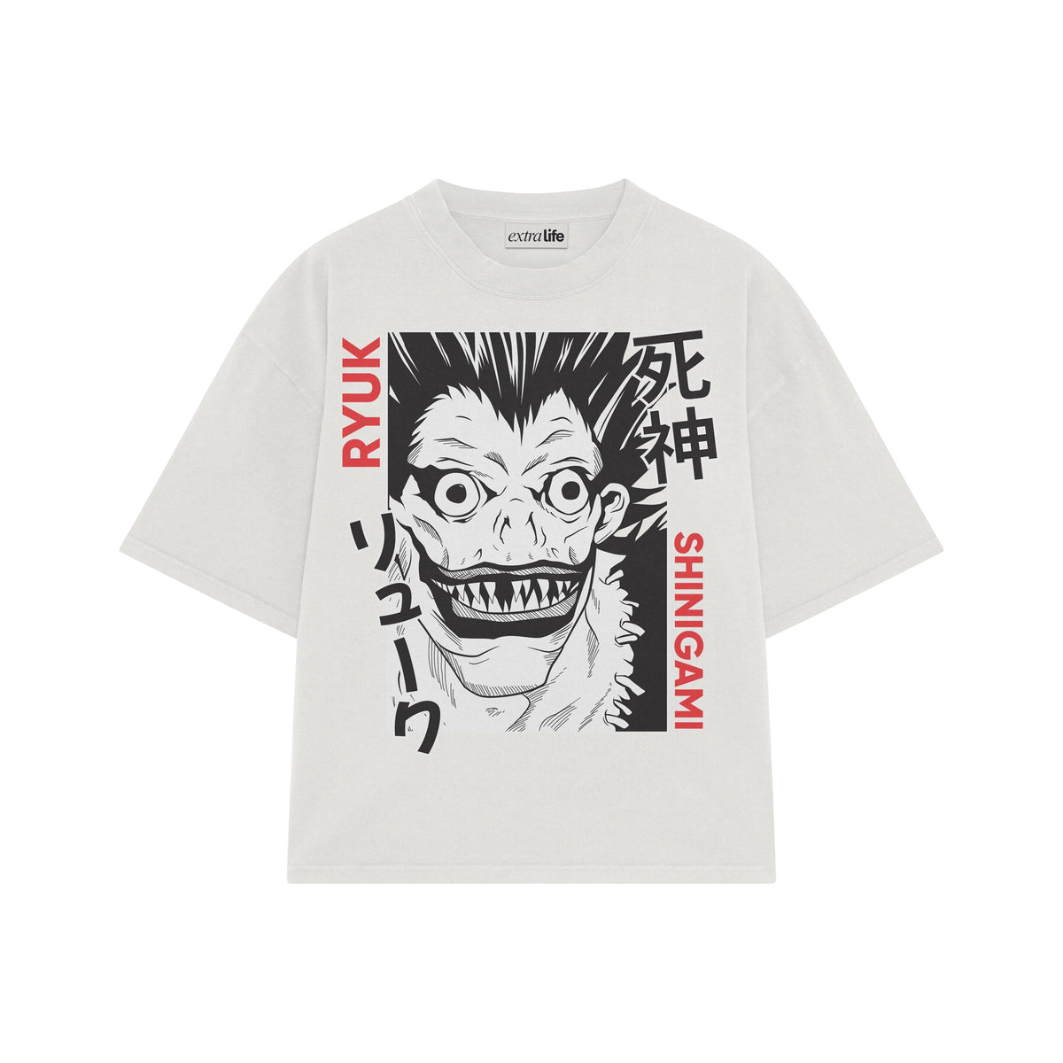 Playera streetwear premium de anime y gaming ExtraLife MX, corte oversized drop shoulder ligero y fresco en color Deep Black y Off-White, moda urbana mexicana de culto.