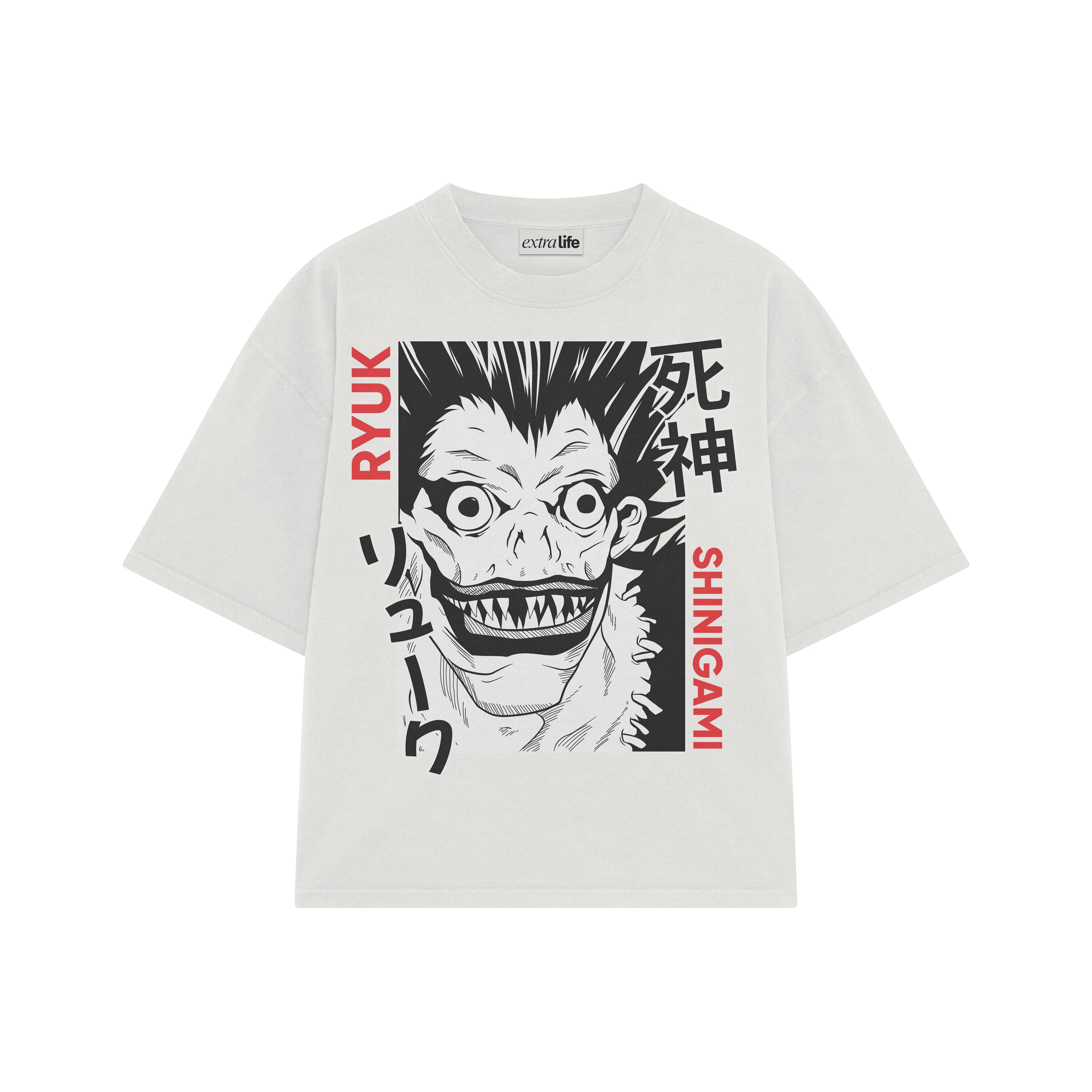 Playera streetwear premium de anime y gaming ExtraLife MX, corte boxy oversized drop shoulder heavyweight en color Deep Black y Off-White, moda urbana mexicana de culto.