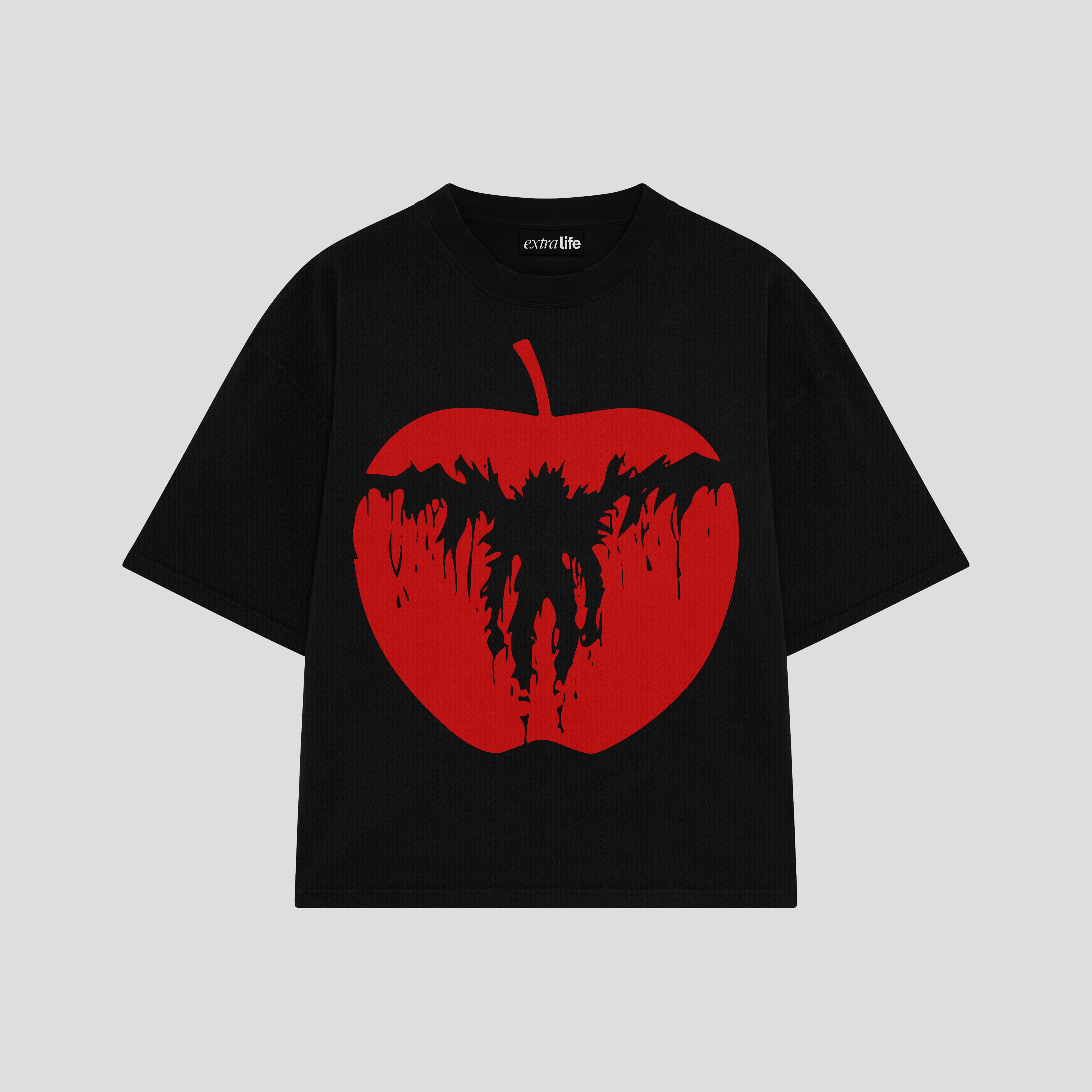 Playera streetwear premium de anime y gaming ExtraLife MX, corte boxy oversized drop shoulder heavyweight en color Deep Black y Off-White, moda urbana mexicana de culto.