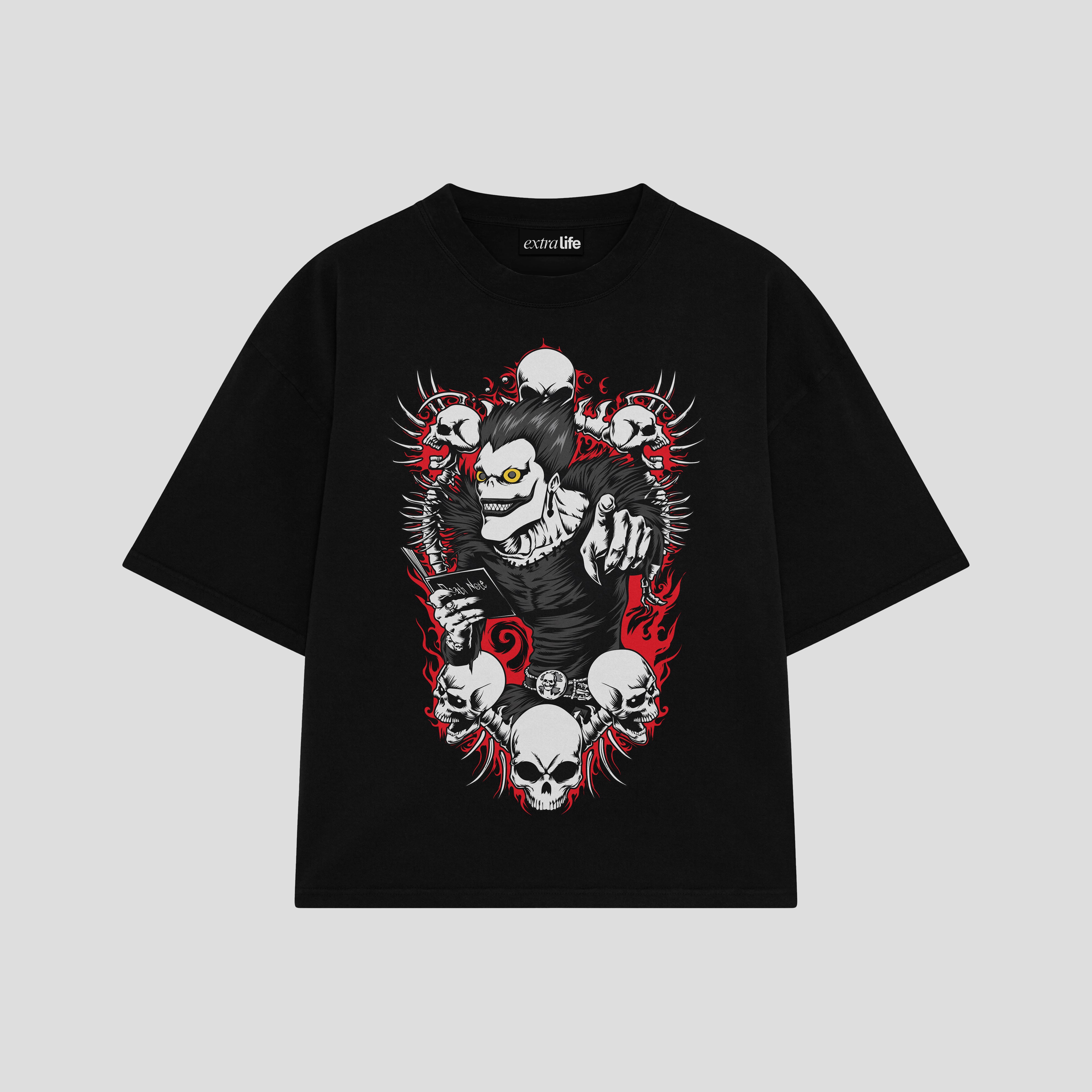 Playera streetwear premium de anime y gaming ExtraLife MX, corte boxy oversized drop shoulder heavyweight en color Deep Black y Off-White, moda urbana mexicana de culto.