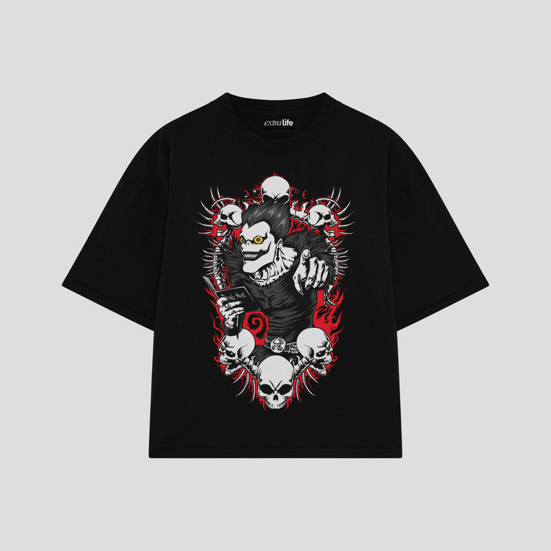 Playera streetwear premium de anime y gaming ExtraLife MX, corte boxy oversized drop shoulder heavyweight en color Deep Black y Off-White, moda urbana mexicana de culto.