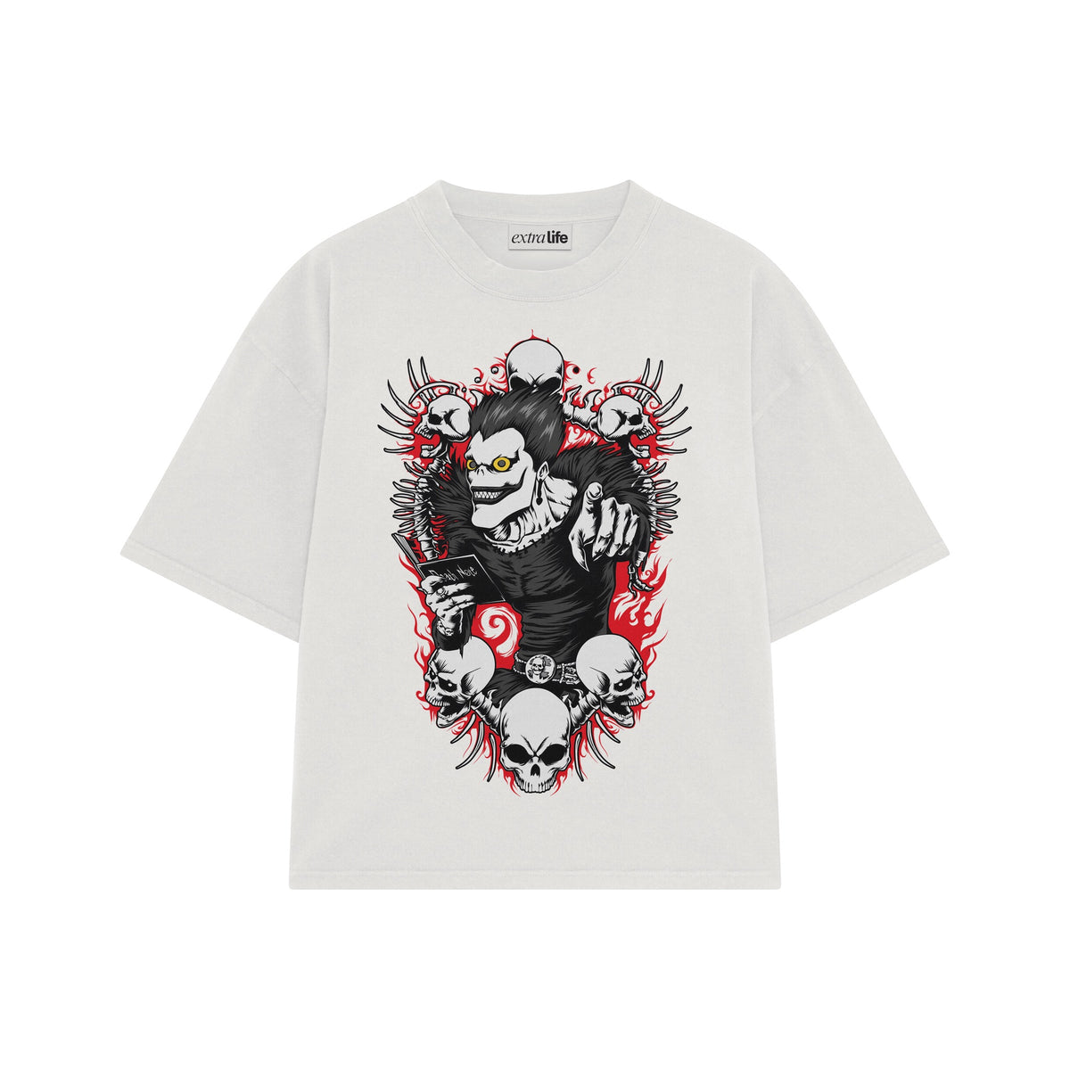Playera streetwear premium de anime y gaming ExtraLife MX, corte oversized drop shoulder ligero y fresco en color Deep Black y Off-White, moda urbana mexicana de culto.