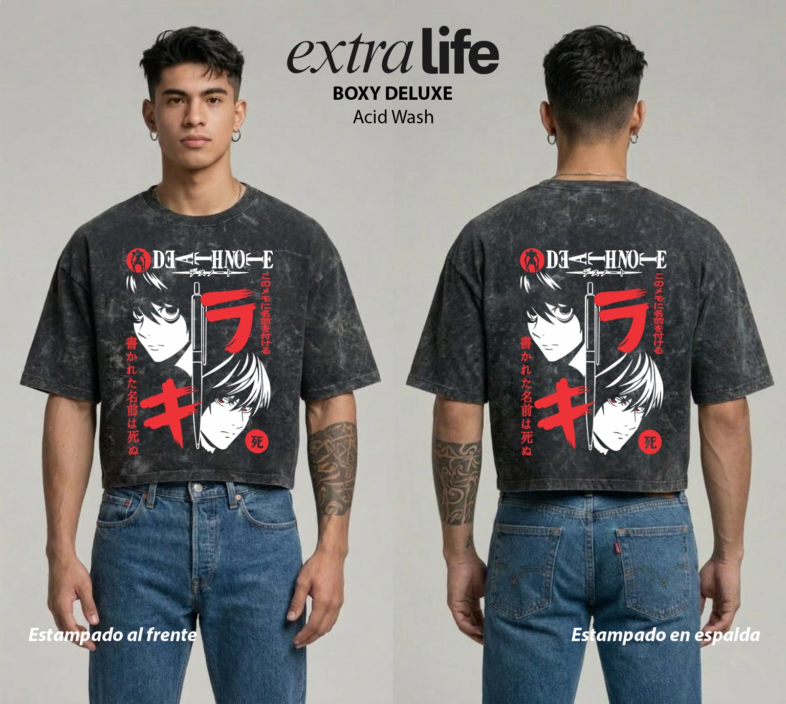 Playera streetwear premium de anime y gaming ExtraLife MX, corte boxy deluxe mineral wash heavyweight en color Acid Wash, moda urbana mexicana de culto.