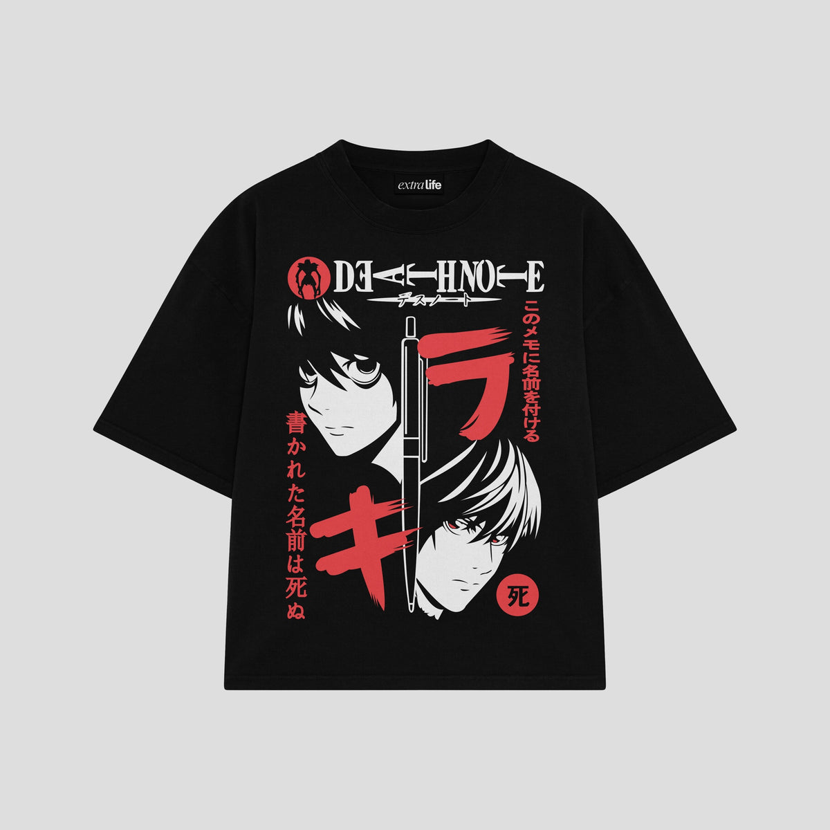 Playera streetwear premium de anime y gaming ExtraLife MX, corte oversized drop shoulder ligero y fresco en color Deep Black y Off-White, moda urbana mexicana de culto.