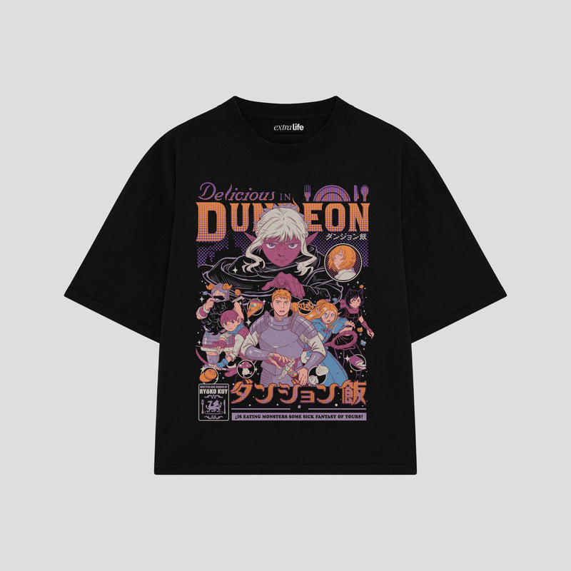 Playera streetwear premium de anime y gaming ExtraLife MX, corte boxy oversized drop shoulder heavyweight en color Deep Black y Off-White, moda urbana mexicana de culto.
