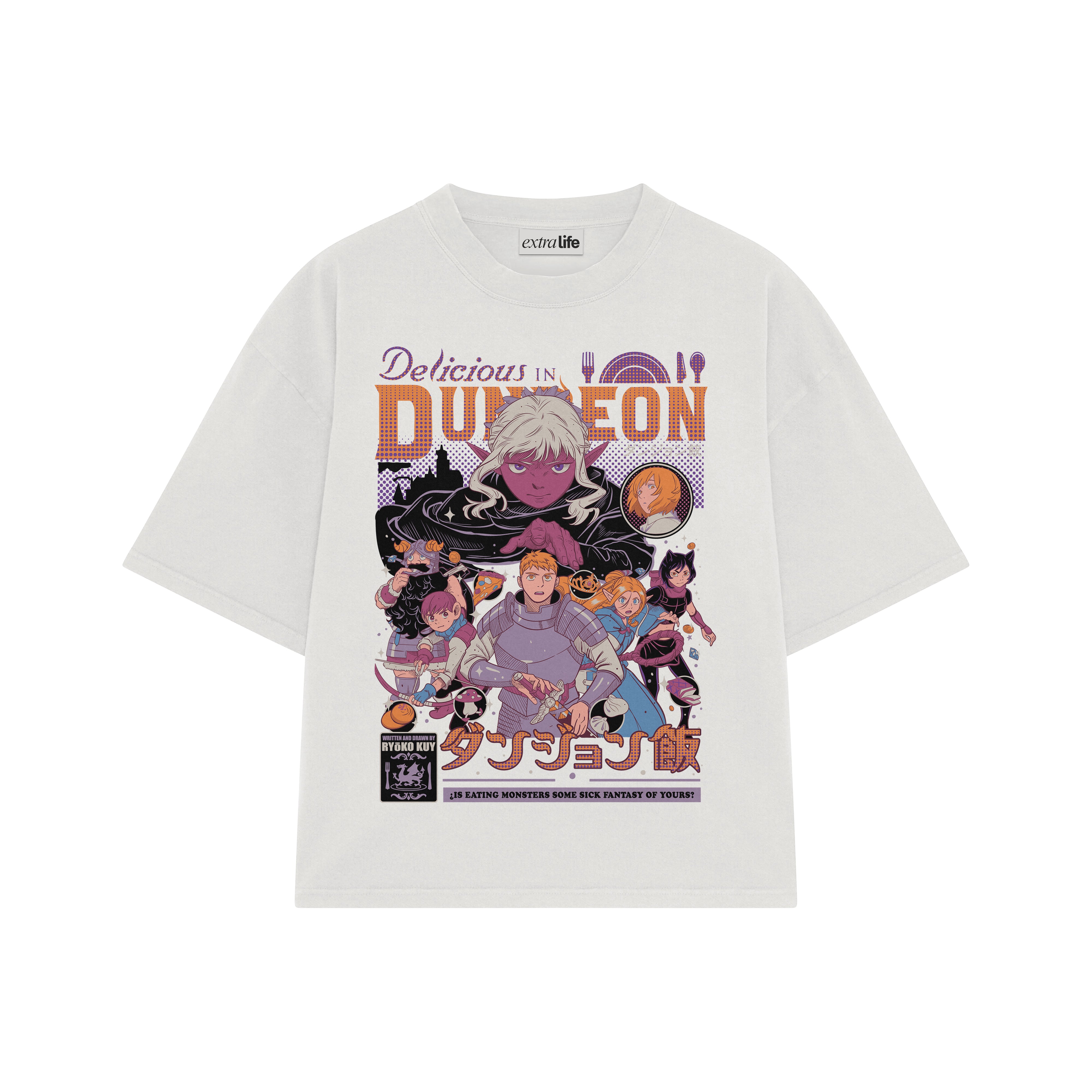 Playera streetwear premium de anime y gaming ExtraLife MX, corte boxy oversized drop shoulder heavyweight en color Deep Black y Off-White, moda urbana mexicana de culto.