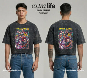 Playera streetwear premium de anime y gaming ExtraLife MX, corte boxy deluxe mineral wash heavyweight en color Acid Wash, moda urbana mexicana de culto.