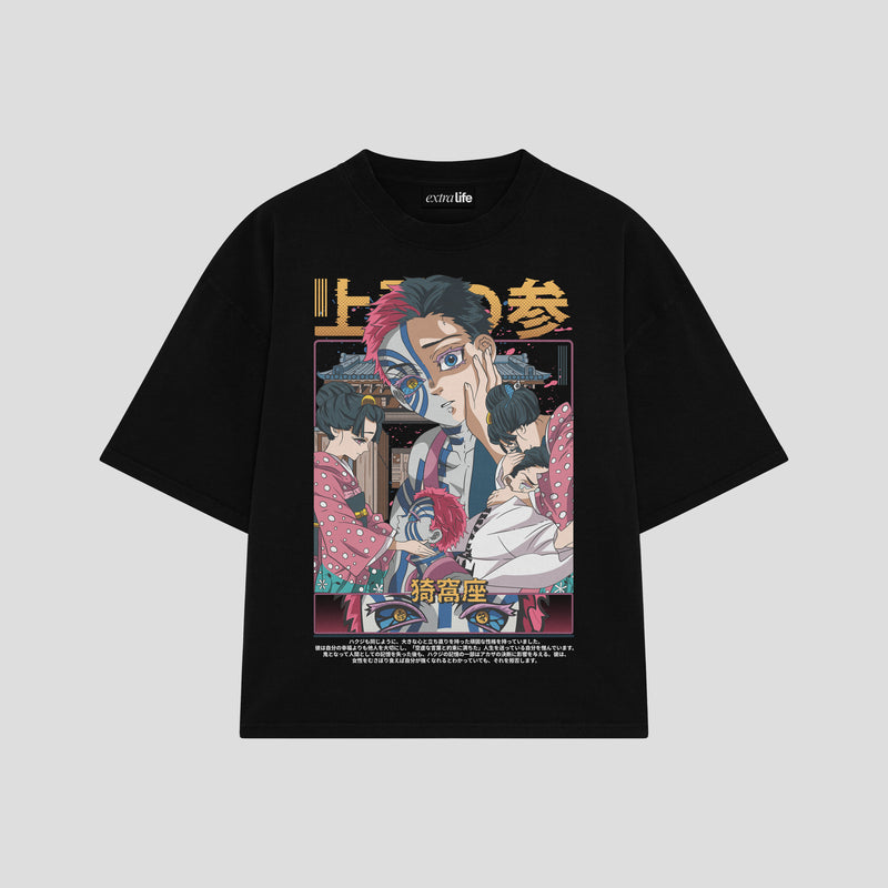Playera streetwear premium de anime y gaming ExtraLife MX, corte boxy oversized drop shoulder heavyweight en color Deep Black y Off-White, moda urbana mexicana de culto.