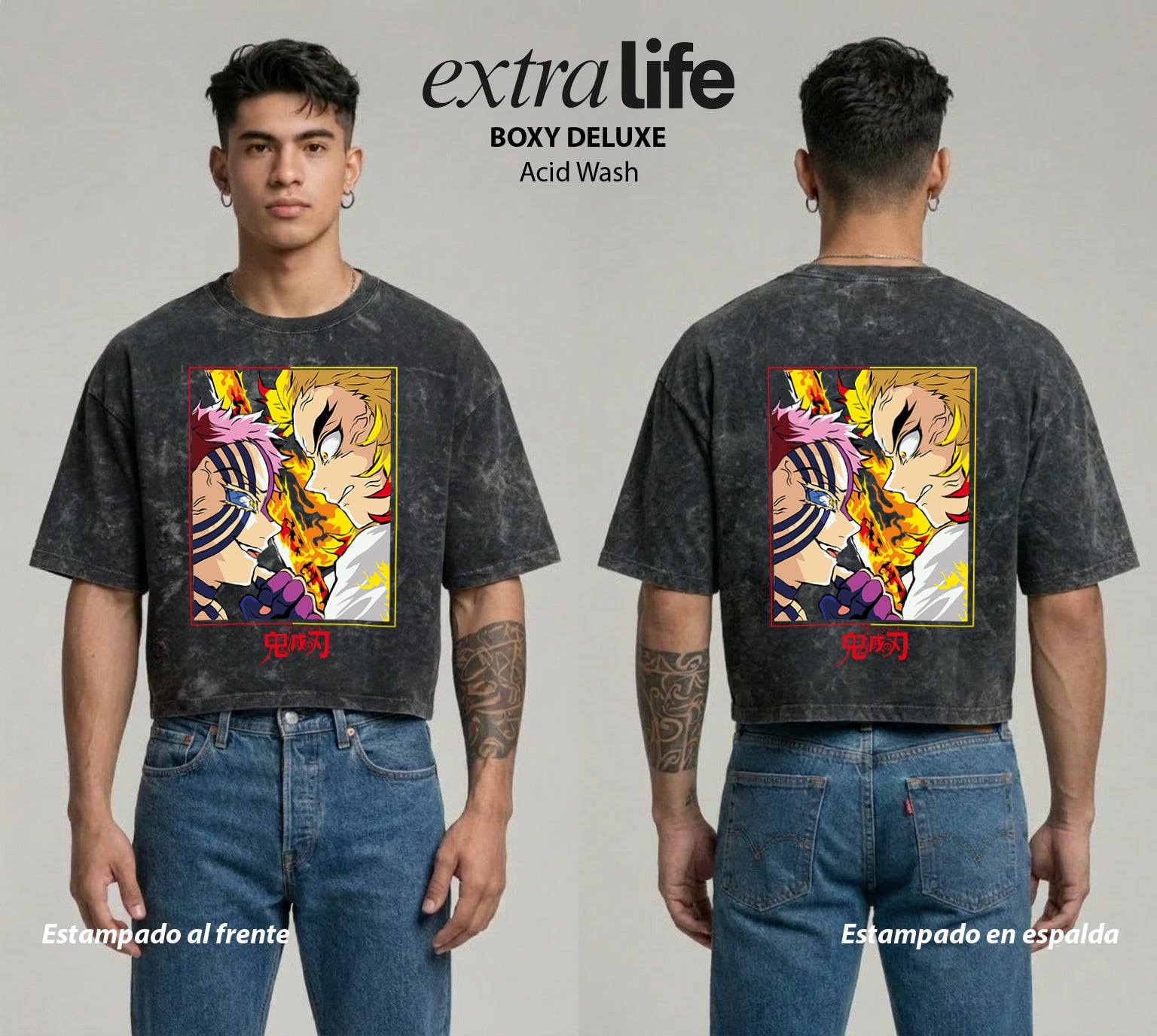 Playera streetwear premium de anime y gaming ExtraLife MX, corte boxy deluxe mineral wash heavyweight en color Acid Wash, moda urbana mexicana de culto.