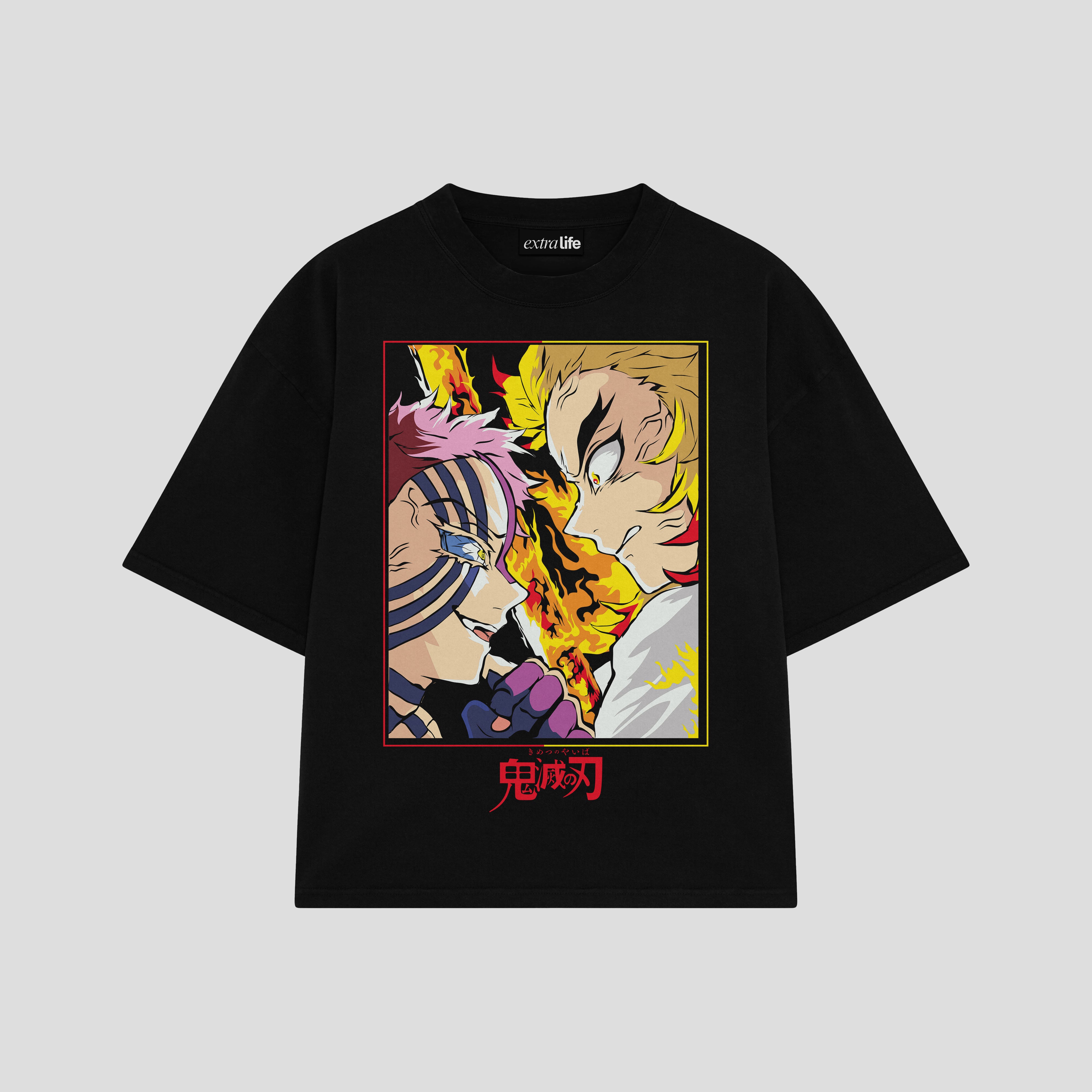 Playera streetwear premium de anime y gaming ExtraLife MX, corte boxy oversized drop shoulder heavyweight en color Deep Black y Off-White, moda urbana mexicana de culto.