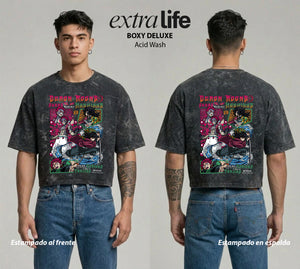 Playera streetwear premium de anime y gaming ExtraLife MX, corte boxy deluxe mineral wash heavyweight en color Acid Wash, moda urbana mexicana de culto.