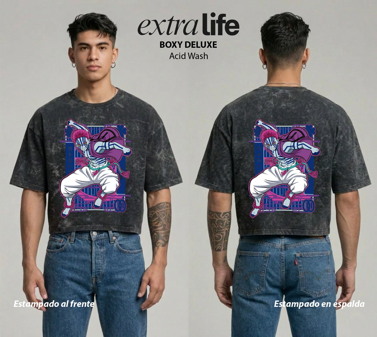 Playera streetwear premium de anime y gaming ExtraLife MX, corte boxy deluxe mineral wash heavyweight en color Acid Wash, moda urbana mexicana de culto.