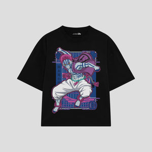 Playera streetwear premium de anime y gaming ExtraLife MX, corte boxy oversized drop shoulder heavyweight en color Deep Black y Off-White, moda urbana mexicana de culto.