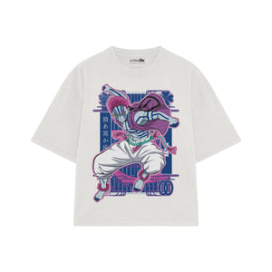 Playera streetwear premium de anime y gaming ExtraLife MX, corte boxy oversized drop shoulder heavyweight en color Deep Black y Off-White, moda urbana mexicana de culto.