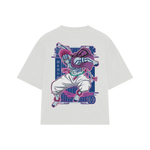 Playera streetwear premium de anime y gaming ExtraLife MX, corte boxy oversized drop shoulder heavyweight en color Deep Black y Off-White, moda urbana mexicana de culto.