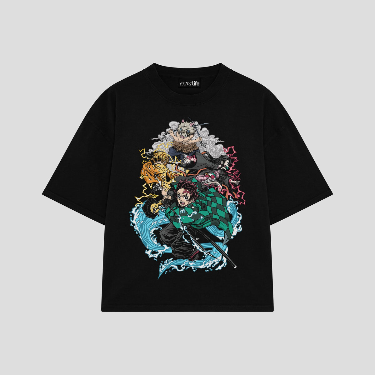 Playera streetwear premium de anime y gaming ExtraLife MX, corte oversized drop shoulder ligero y fresco en color Deep Black y Off-White, moda urbana mexicana de culto.