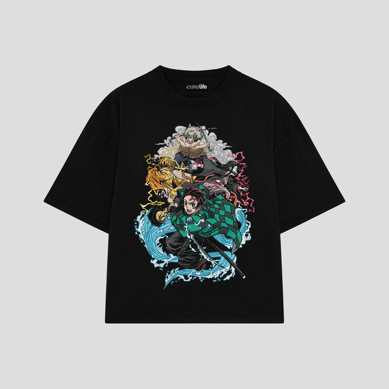 Playera streetwear premium de anime y gaming ExtraLife MX, corte boxy oversized drop shoulder heavyweight en color Deep Black y Off-White, moda urbana mexicana de culto.