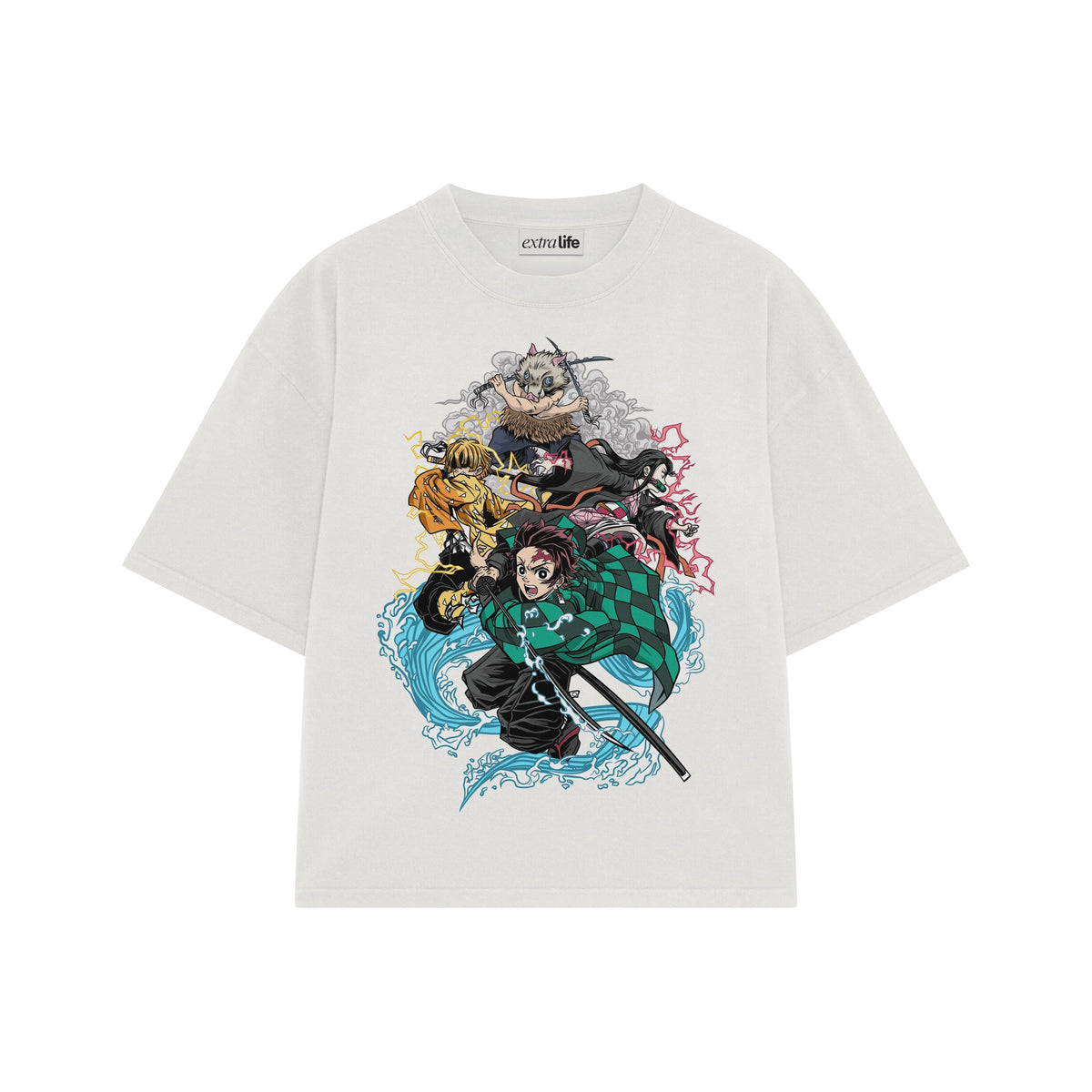 Playera streetwear premium de anime y gaming ExtraLife MX, corte oversized drop shoulder ligero y fresco en color Deep Black y Off-White, moda urbana mexicana de culto.