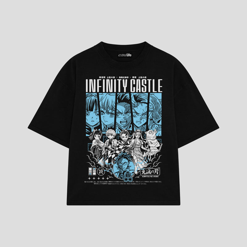 Playera streetwear premium de anime y gaming ExtraLife MX, corte boxy oversized drop shoulder heavyweight en color Deep Black y Off-White, moda urbana mexicana de culto.