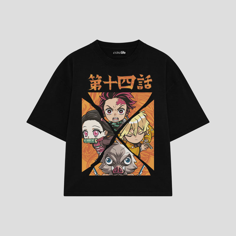 Playera streetwear premium de anime y gaming ExtraLife MX, corte boxy oversized drop shoulder heavyweight en color Deep Black y Off-White, moda urbana mexicana de culto.