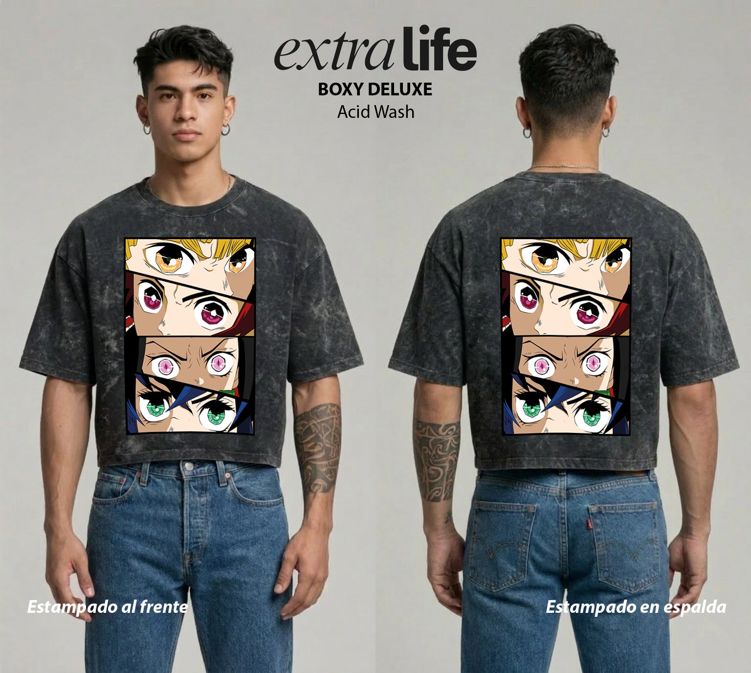 Playera streetwear premium de anime y gaming ExtraLife MX, corte boxy deluxe mineral wash heavyweight en color Acid Wash, moda urbana mexicana de culto.