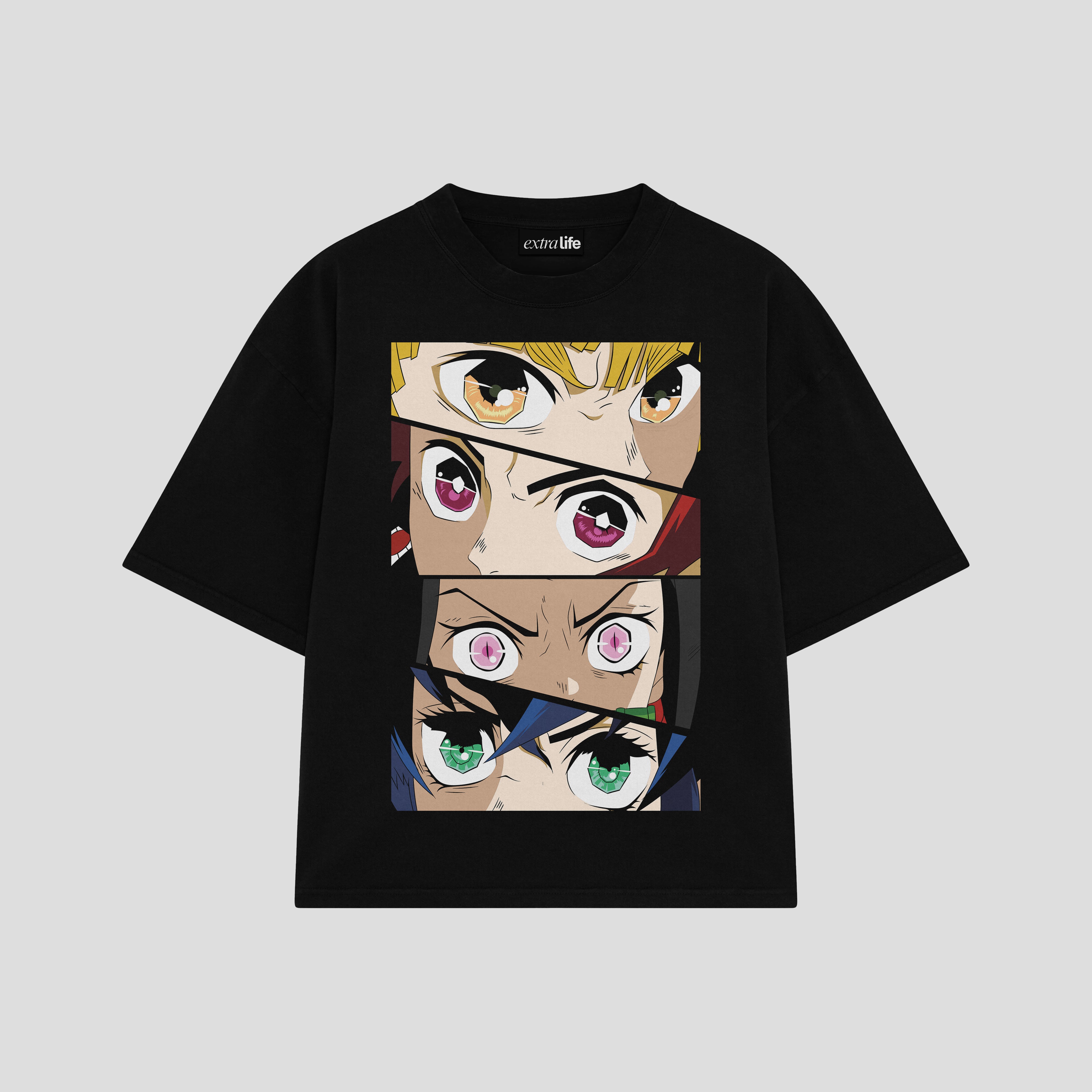 Playera streetwear premium de anime y gaming ExtraLife MX, corte boxy oversized drop shoulder heavyweight en color Deep Black y Off-White, moda urbana mexicana de culto.