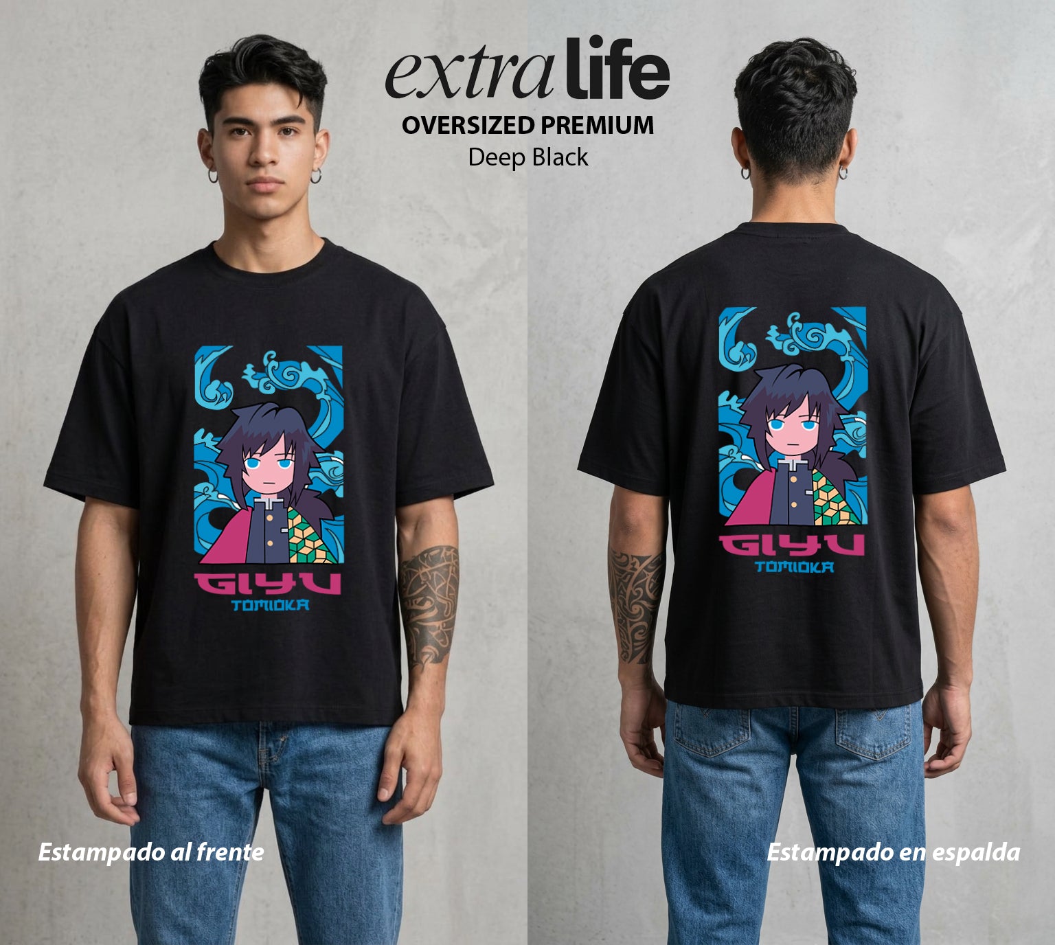 Cazadores de la Noche | Respiracion del Agua Serena Chibi #00970 - Playera Oversized Premium | Deep Black - Foto en modelo
