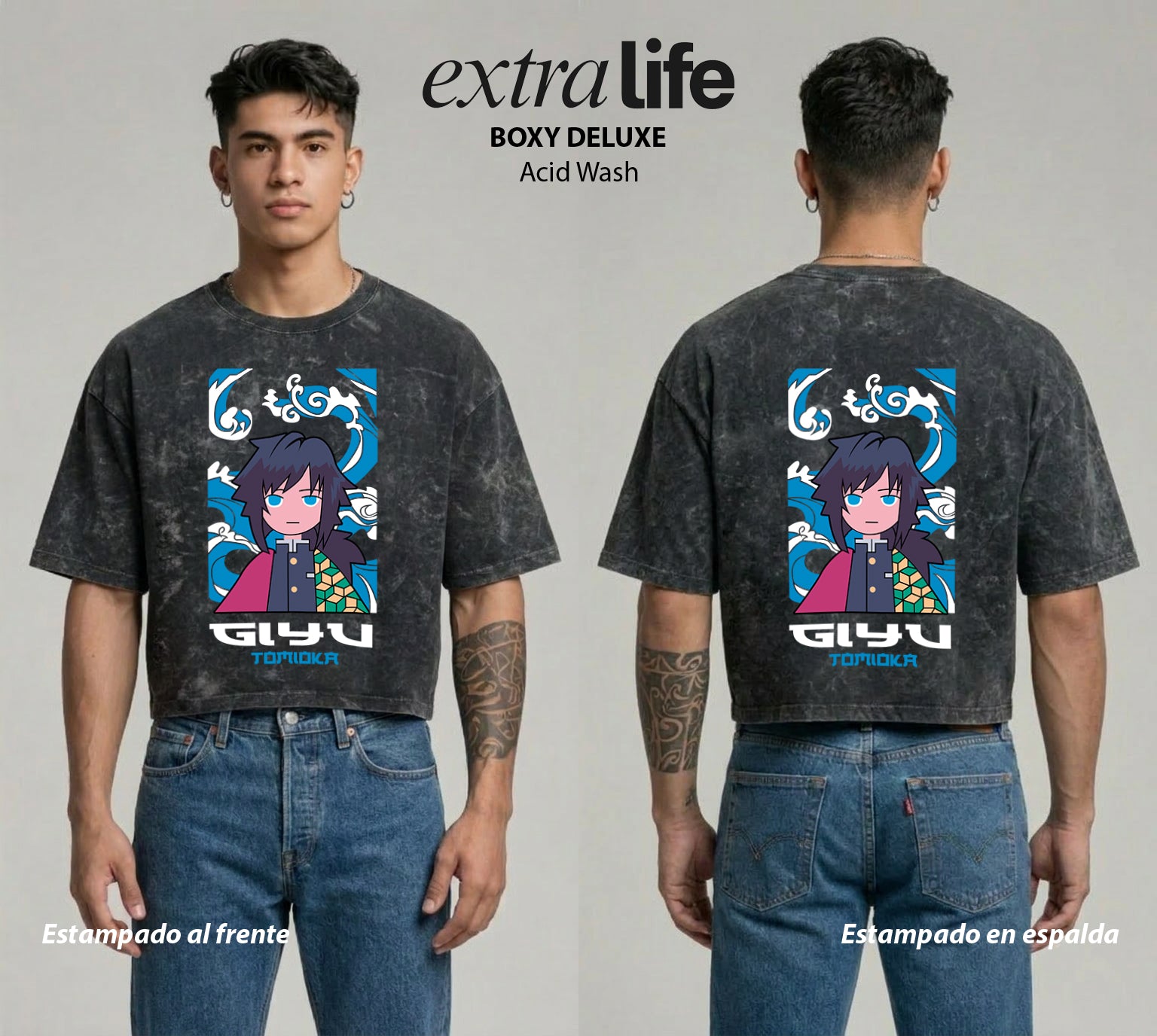 Playera streetwear premium de anime y gaming ExtraLife MX, corte boxy deluxe mineral wash heavyweight en color Acid Wash, moda urbana mexicana de culto.
