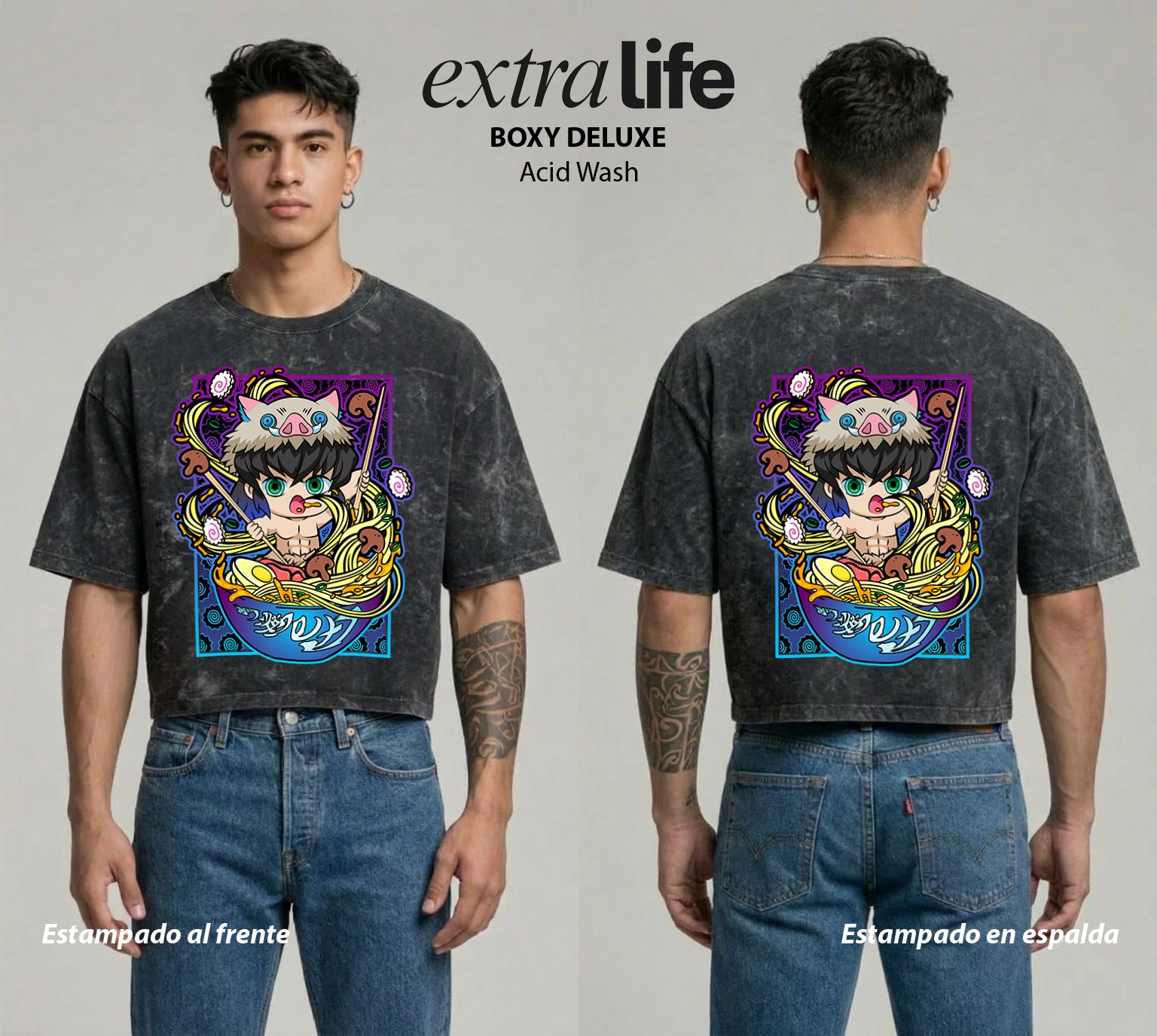 Playera streetwear premium de anime y gaming ExtraLife MX, corte boxy deluxe mineral wash heavyweight en color Acid Wash, moda urbana mexicana de culto.