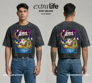 Playera streetwear premium de anime y gaming ExtraLife MX, corte boxy deluxe mineral wash heavyweight en color Acid Wash, moda urbana mexicana de culto.