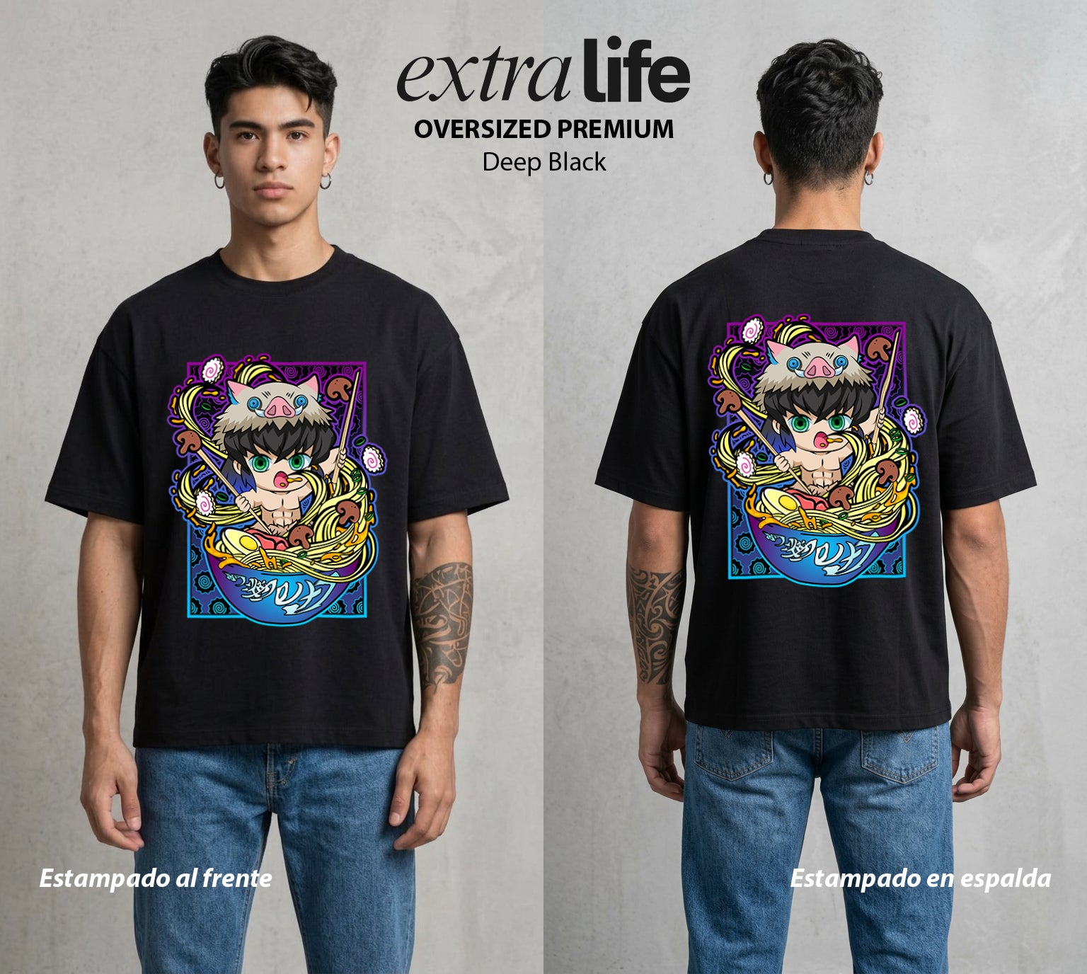 Cazadores de la Noche | El Jabalí del Monte con Ramen #00973 - Playera Oversized Premium | Deep Black - Foto en modelo