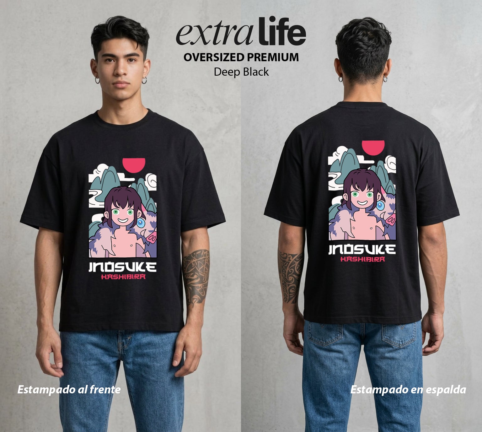 Cazadores de la Noche | Mascara de Jabali Chibi #00974 - Playera Oversized Premium | Deep Black - Foto en modelo