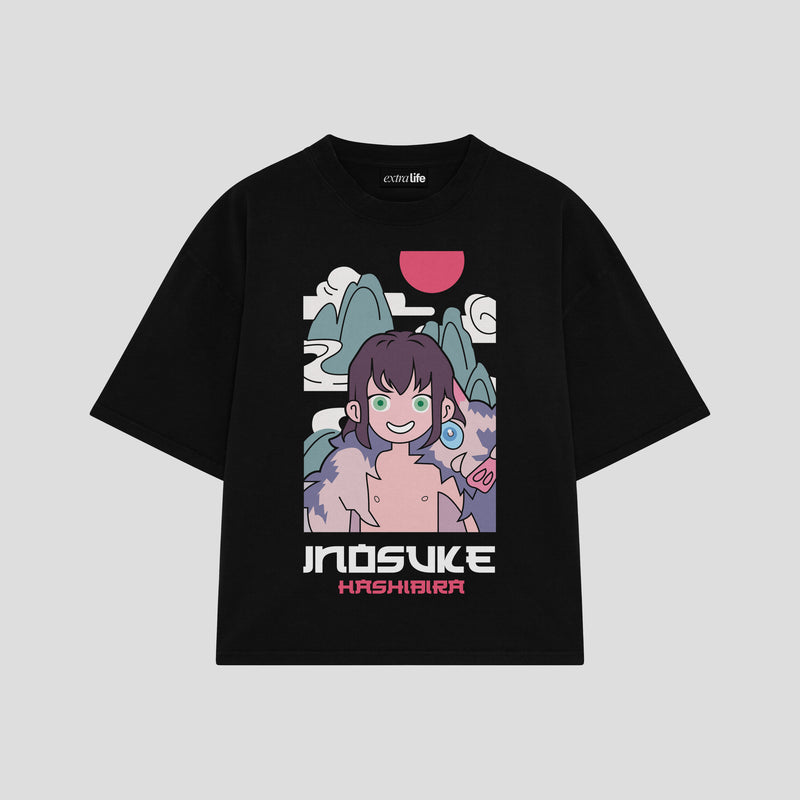 Playera streetwear premium de anime y gaming ExtraLife MX, corte boxy oversized drop shoulder heavyweight en color Deep Black y Off-White, moda urbana mexicana de culto.