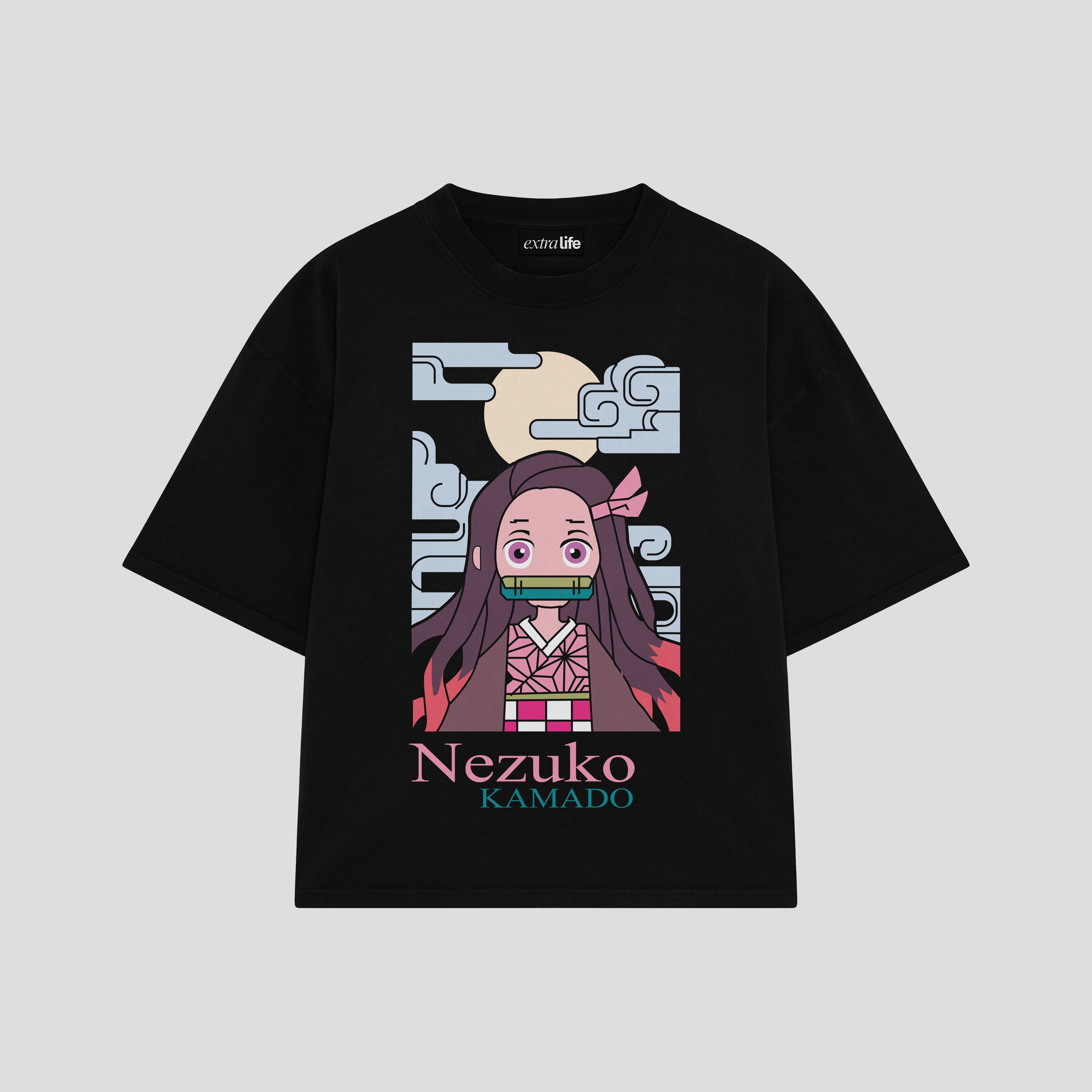 Playera streetwear premium de anime y gaming ExtraLife MX, corte boxy oversized drop shoulder heavyweight en color Deep Black y Off-White, moda urbana mexicana de culto.