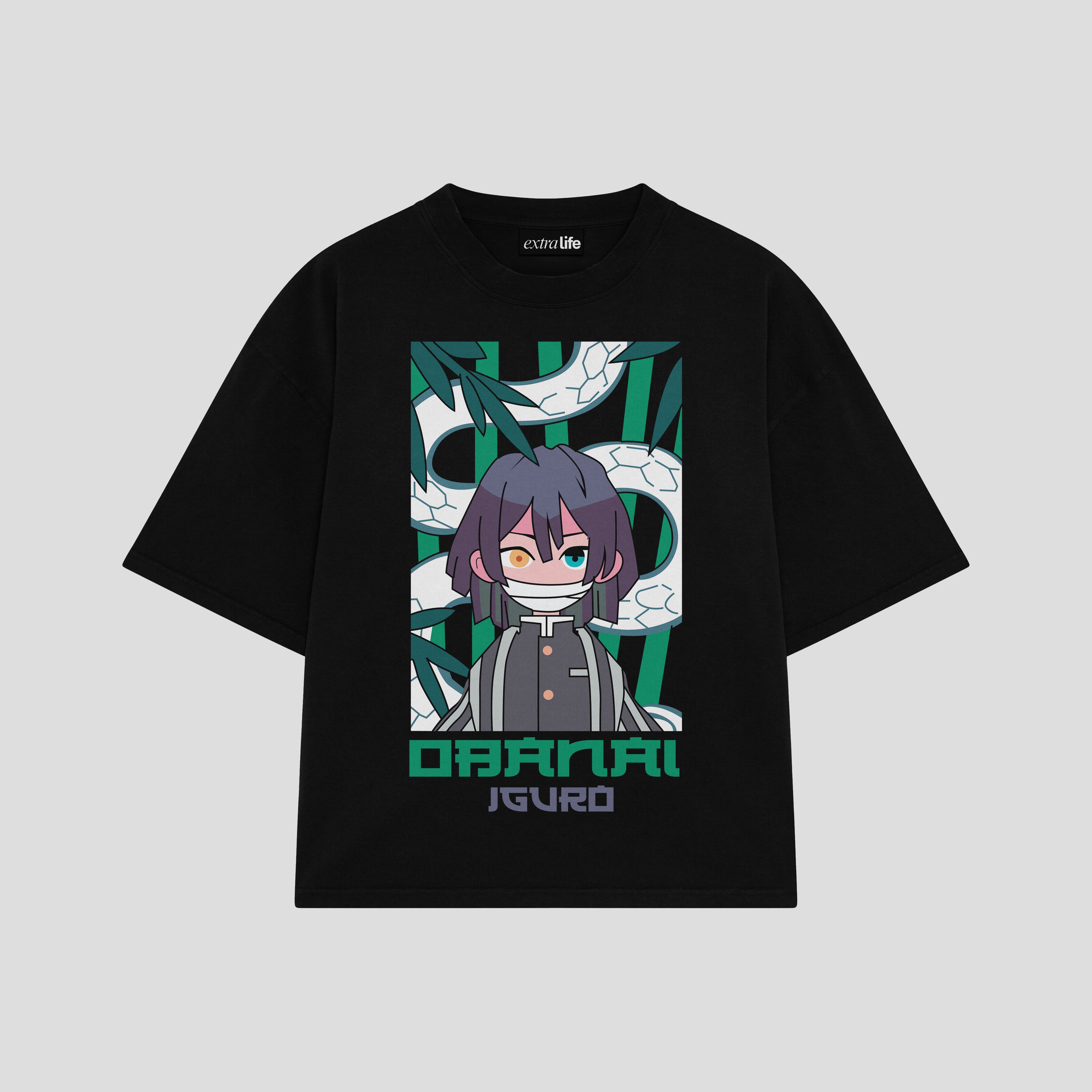 Playera streetwear premium de anime y gaming ExtraLife MX, corte boxy oversized drop shoulder heavyweight en color Deep Black y Off-White, moda urbana mexicana de culto.