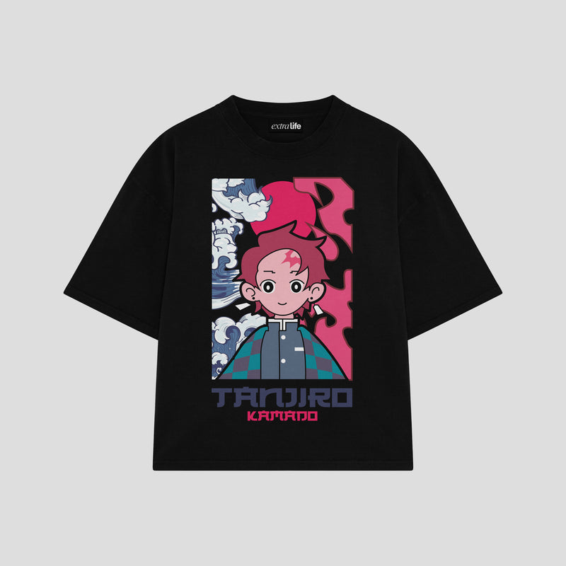 Playera streetwear premium de anime y gaming ExtraLife MX, corte boxy oversized drop shoulder heavyweight en color Deep Black y Off-White, moda urbana mexicana de culto.