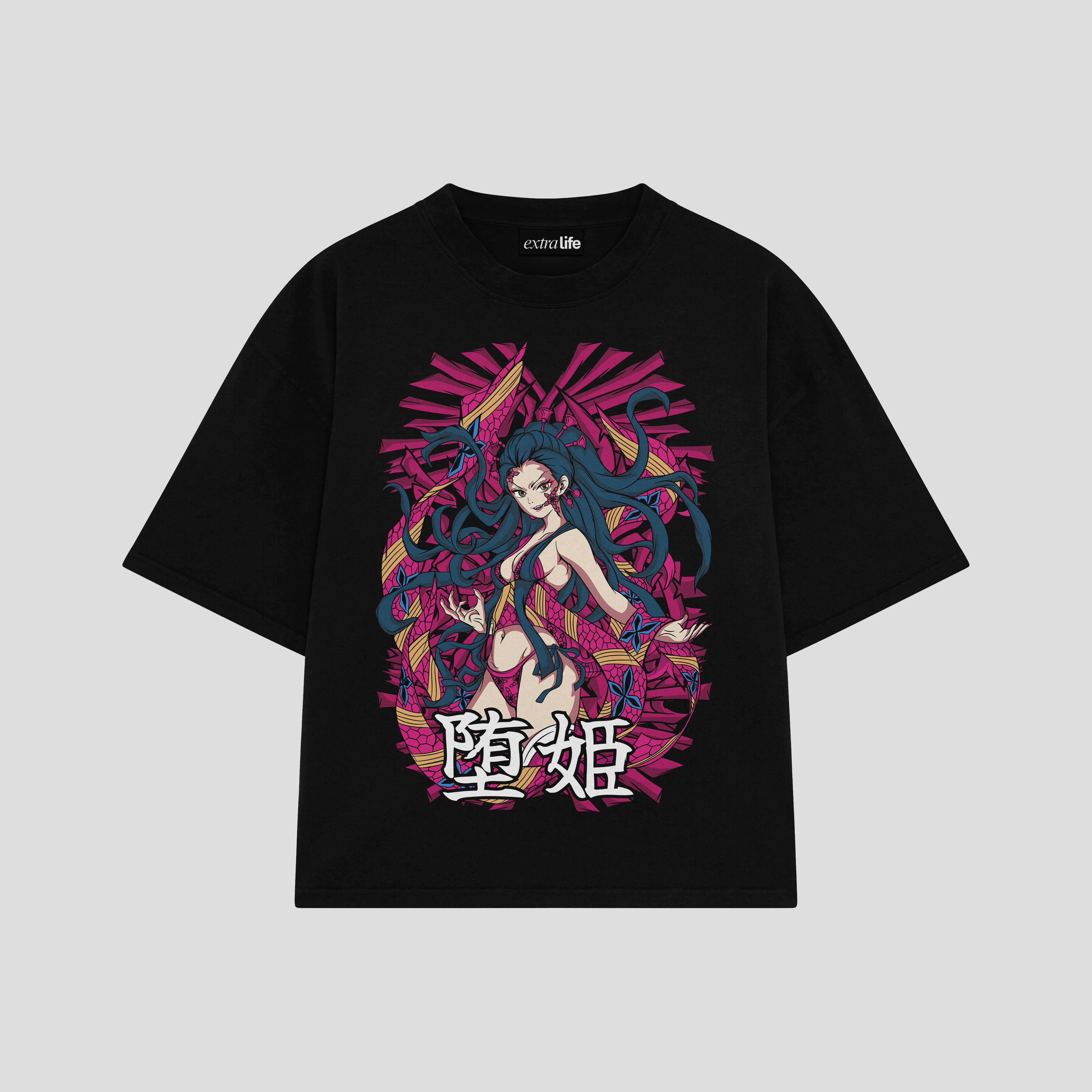 Playera streetwear premium de anime y gaming ExtraLife MX, corte boxy oversized drop shoulder heavyweight en color Deep Black y Off-White, moda urbana mexicana de culto.