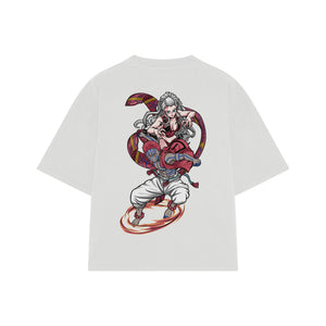 Playera streetwear premium de anime y gaming ExtraLife MX, corte boxy oversized drop shoulder heavyweight en color Deep Black y Off-White, moda urbana mexicana de culto.