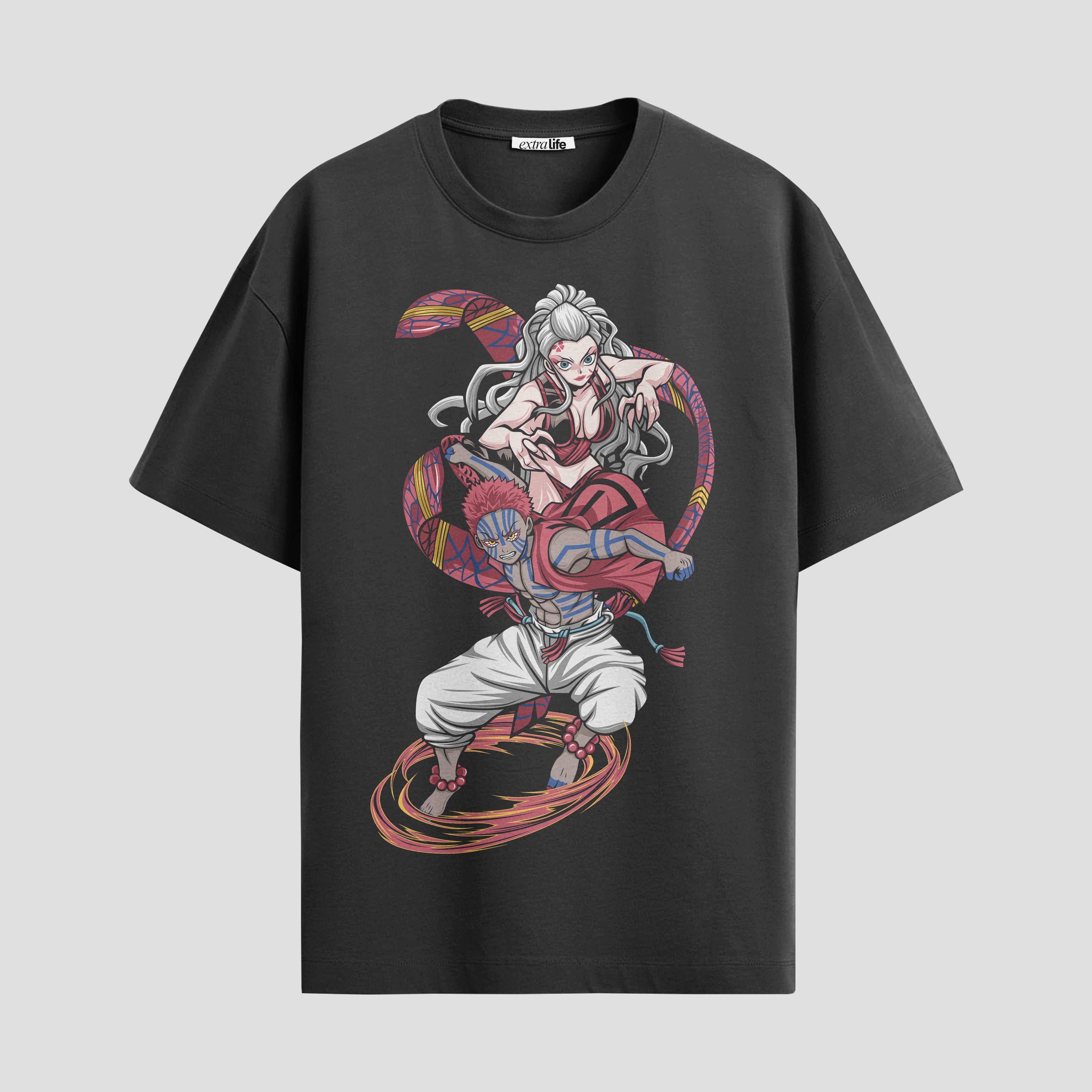 Playera urbana de anime y gaming ExtraLife MX, corte Standard Fit unisex ligero y transpirable en color Deep Black y Pure White, ropa de uso diario para gym y casual.